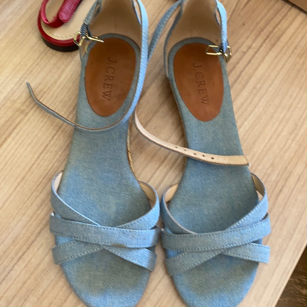 J. Crew Light Blue Denim Crisscross Sandals with Tan Ankle Strap